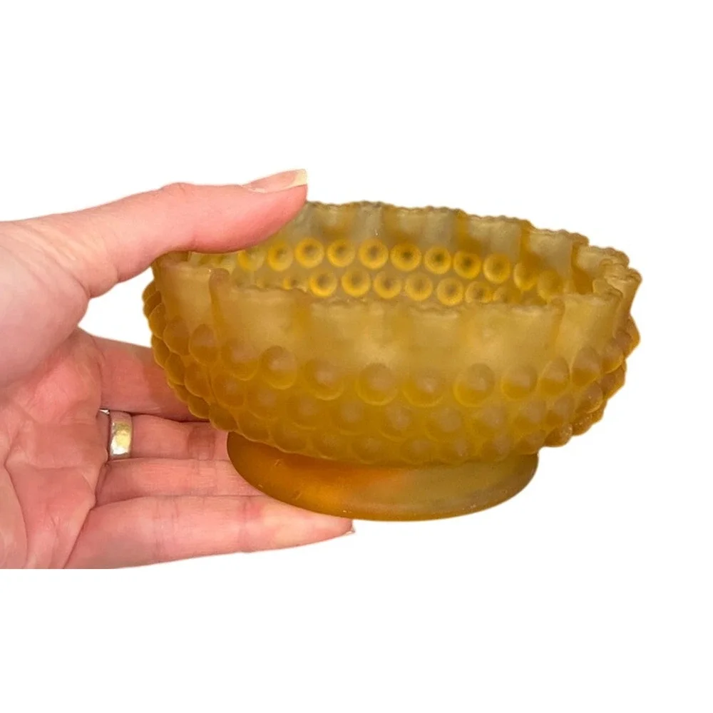 Vintage Frosted Hobnail Glass Bowl Amber Crested Ruffled Satin Yellow Candy Dish